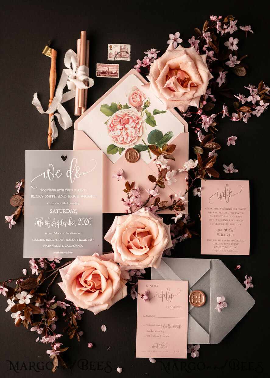 HOCHZEITS EINLADUNGEN Elegante Einladungen Klassische Karten Luxus Gefrorene Acryl Plexi Hochzeits Einladungen, Romantische Blush Pink Hochzeits Einladungen, Elegante Pfingstrose Hochzeitskarten, Minimalistische Hochzeitsstationery