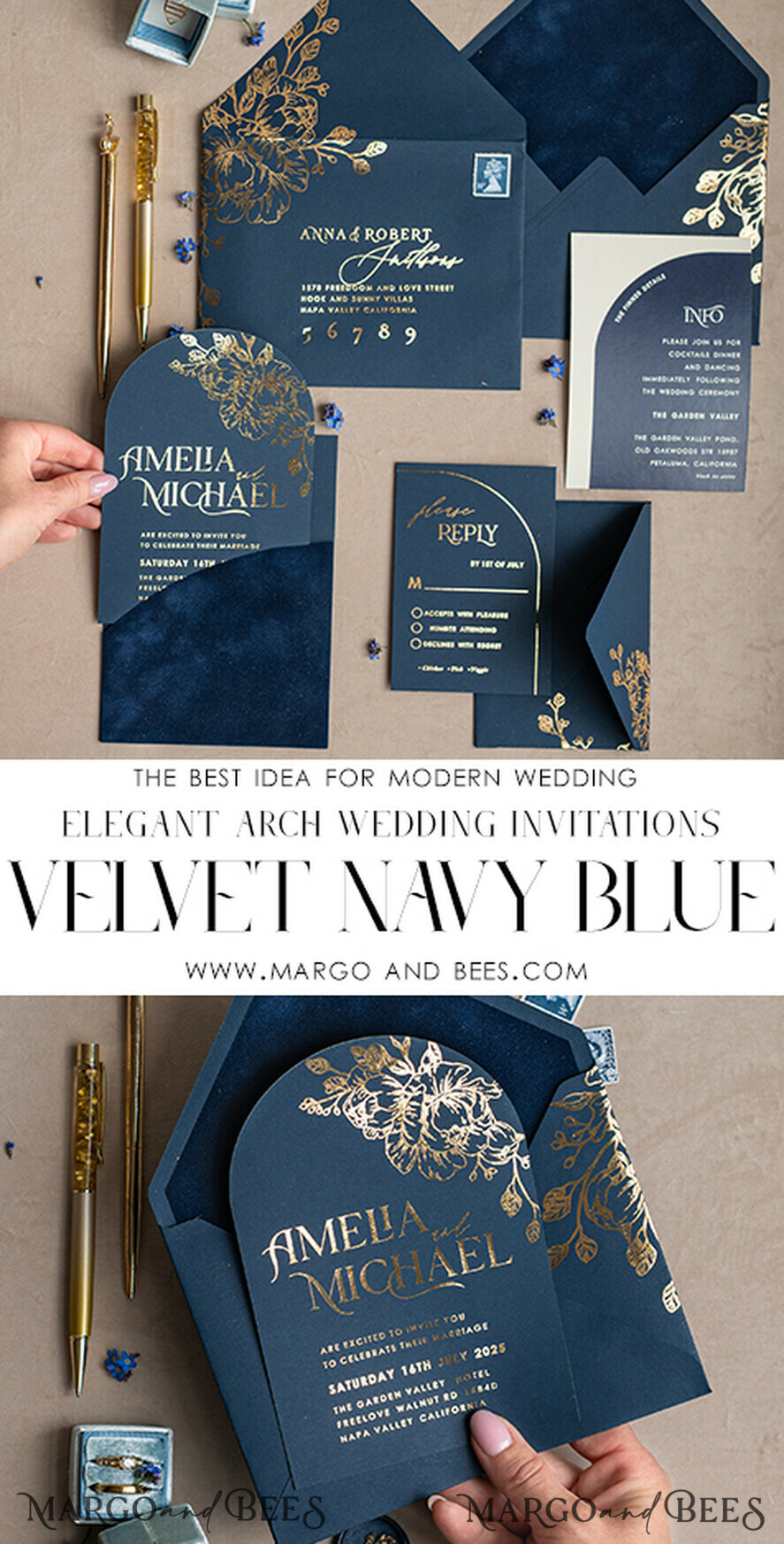 HOCHZEITS EINLADUNGEN Gold / Roségold / Silber / Glitzer Elegante Bogen-Hochzeitseinladungen Marineblau, Samt-Tasche Dunkelblau Gold Moderne Hochzeit, Hochzeitseinladungsset, Bogen-Samt-Taschen Einladungset