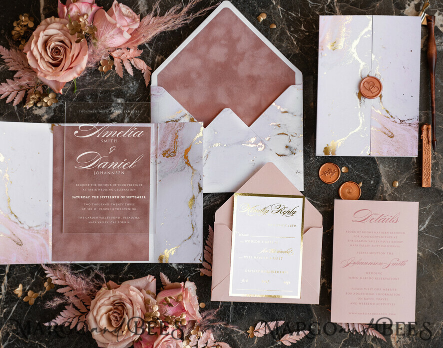 HOCHZEITS EINLADUNGEN Gold / Roségold / Silber / Glitzer Marmor Acryl Hochzeitseinladungen Karte, Glamour Blush Pink Samt Hochzeitseinladung Suite, Golden Marmor Hochzeitspapeterie, Plexi Luxus Hochzeitseinladungen
