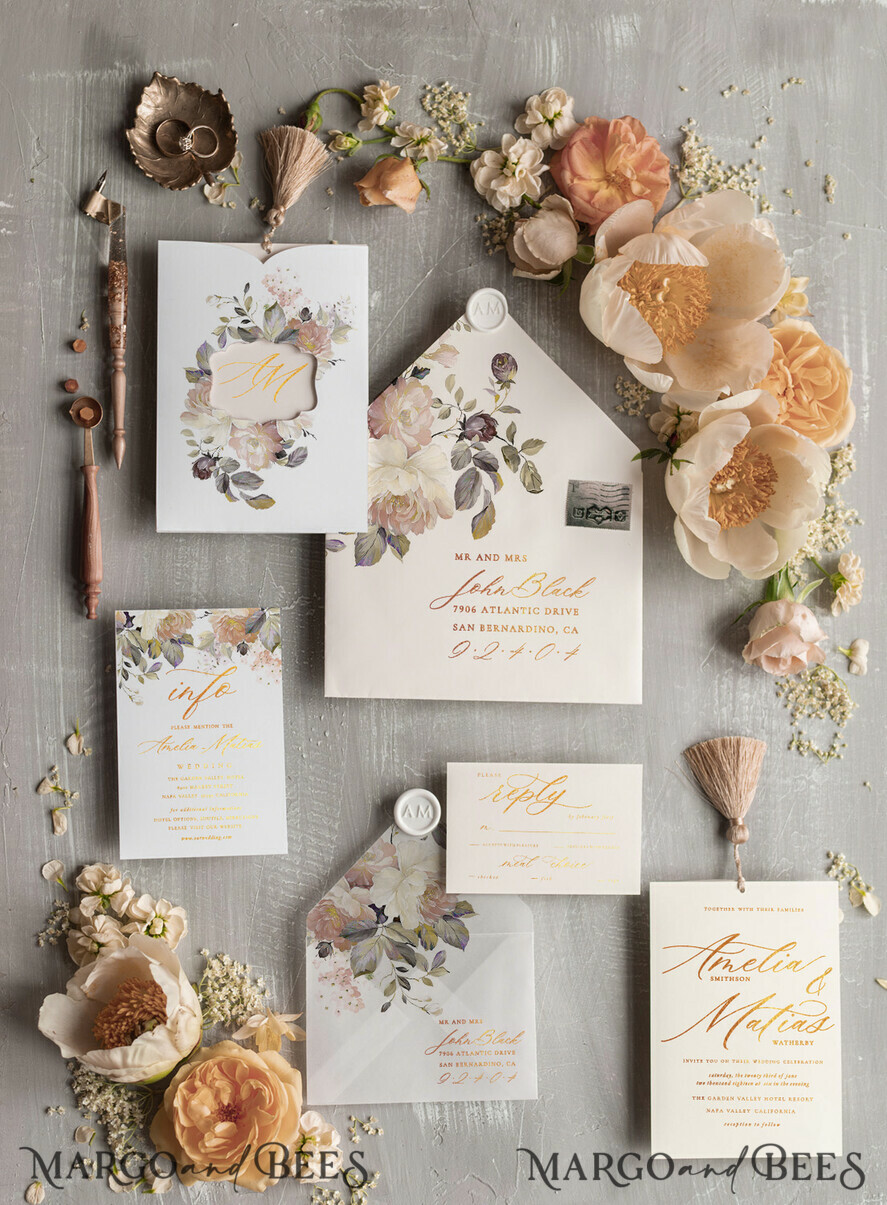 HOCHZEITS EINLADUNGEN Gold / Roségold / Silber / Glitzer Luxus Champagner Hochzeitskarten, Glamour Goldfolie Hochzeits Einladungen, Elegante goldene Quasten Hochzeits Einladungskarten, Romantische florale Taschen Hochzeitskarten