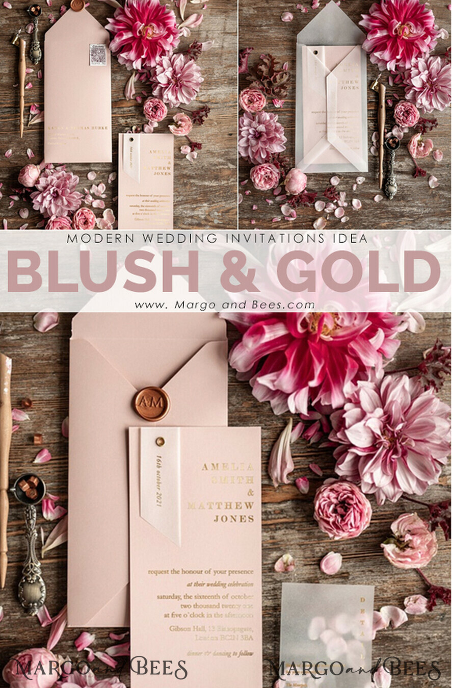 HOCHZEITS EINLADUNGEN Gold / Roségold / Silber / Glitzer Glamour Goldfolien-Hochzeitseinladungen, elegante blassrosa geometrische Hochzeitseinladungen, maßgeschneiderte Einladungskarten aus weißem Pergament, luxuriöses goldenes Hochzeitseinladungspaket.