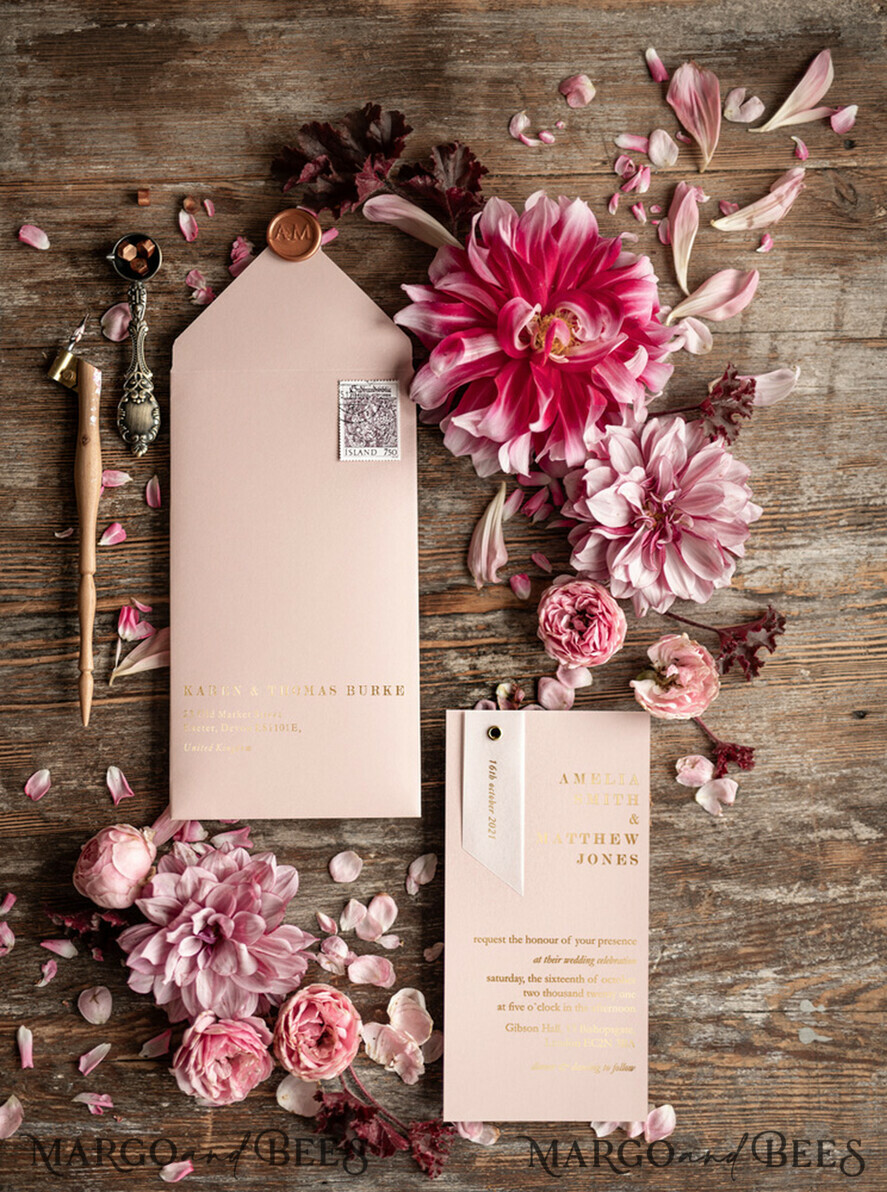 HOCHZEITS EINLADUNGEN Gold / Roségold / Silber / Glitzer Glamour Goldfolien-Hochzeitseinladungen, elegante blassrosa geometrische Hochzeitseinladungen, maßgeschneiderte Einladungskarten aus weißem Pergament, luxuriöses goldenes Hochzeitseinladungspaket.