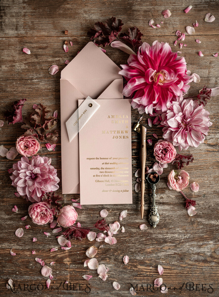 HOCHZEITS EINLADUNGEN Gold / Roségold / Silber / Glitzer Glamour Goldfolien-Hochzeitseinladungen, elegante blassrosa geometrische Hochzeitseinladungen, maßgeschneiderte Einladungskarten aus weißem Pergament, luxuriöses goldenes Hochzeitseinladungspaket.