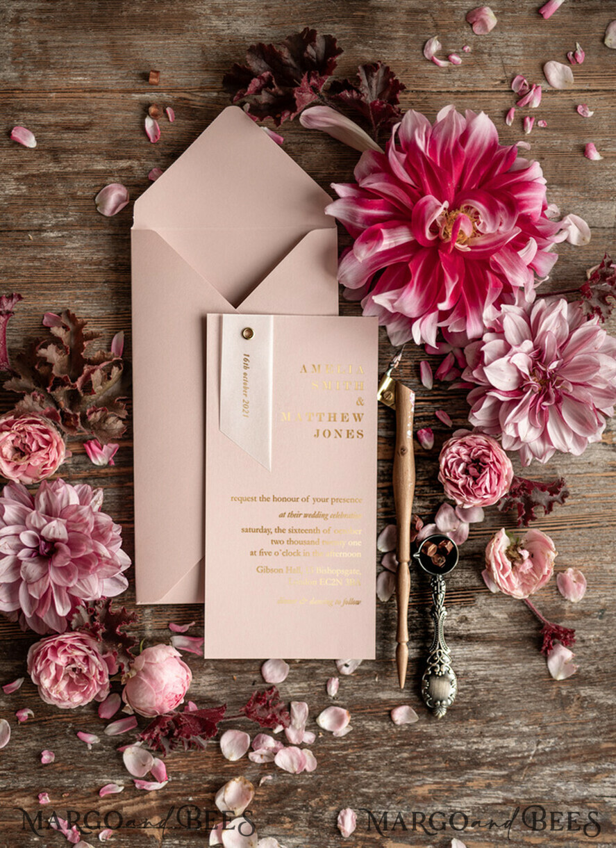 HOCHZEITS EINLADUNGEN Gold / Roségold / Silber / Glitzer Glamour Goldfolien-Hochzeitseinladungen, elegante blassrosa geometrische Hochzeitseinladungen, maßgeschneiderte Einladungskarten aus weißem Pergament, luxuriöses goldenes Hochzeitseinladungspaket.