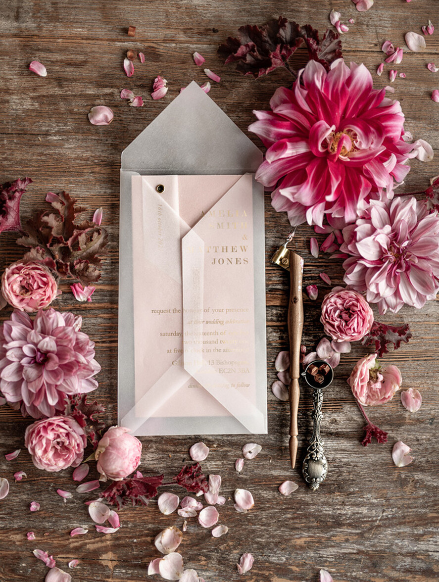 HOCHZEITS EINLADUNGEN Gold / Roségold / Silber / Glitzer Glamour Goldfolien-Hochzeitseinladungen, elegante blassrosa geometrische Hochzeitseinladungen, maßgeschneiderte Einladungskarten aus weißem Pergament, luxuriöses goldenes Hochzeitseinladungspaket.