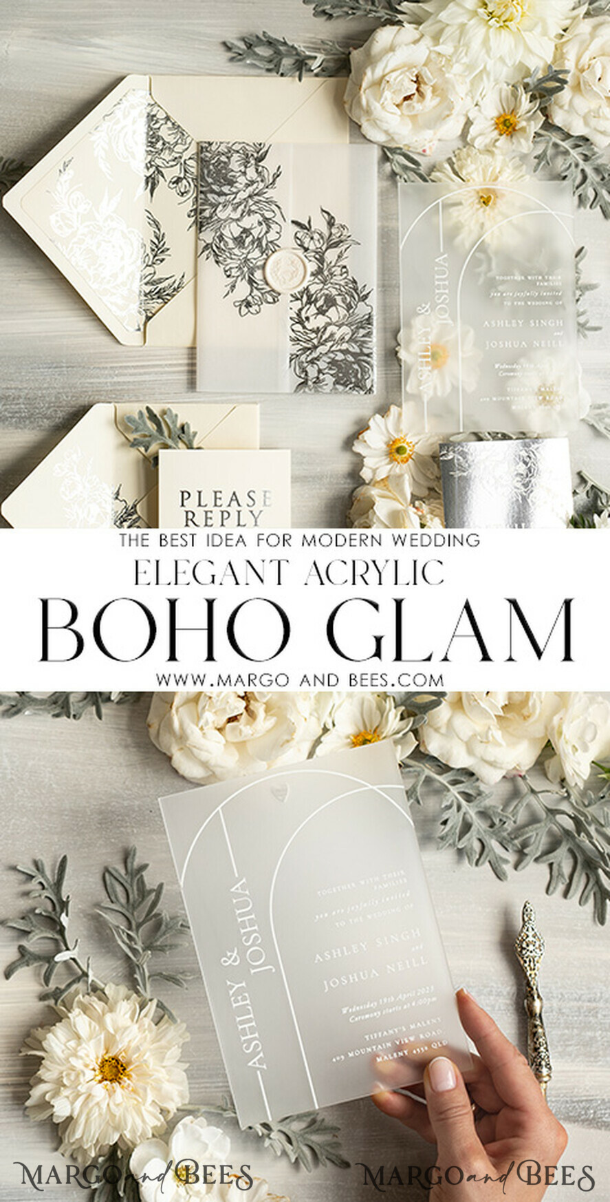 HOCHZEITS EINLADUNGEN Gold / Roségold / Silber / Glitzer Acryl Hochzeitsinvitation Set, Boho Glam Hochzeitskarten, silberne gefrorene Hochzeitseinladungen, elegante Pergament Hochzeitskarten