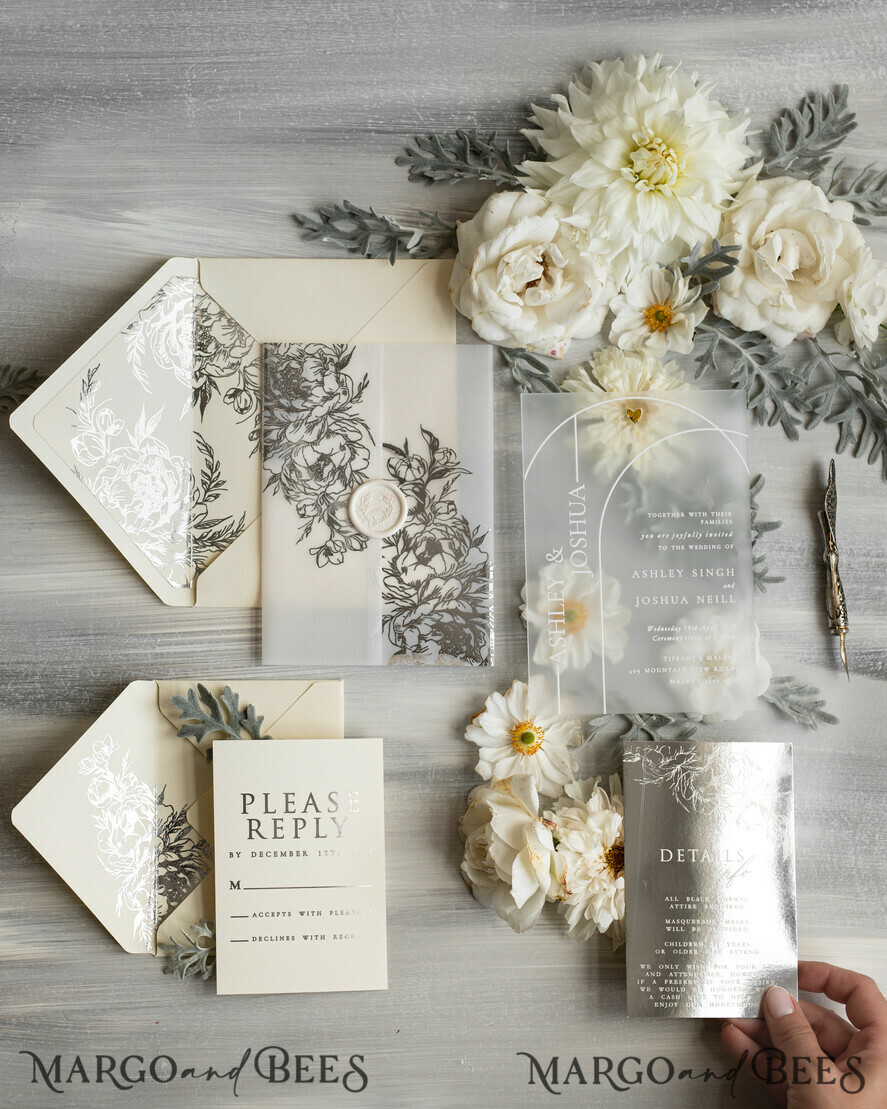 HOCHZEITS EINLADUNGEN Gold / Roségold / Silber / Glitzer Acryl Hochzeitsinvitation Set, Boho Glam Hochzeitskarten, silberne gefrorene Hochzeitseinladungen, elegante Pergament Hochzeitskarten