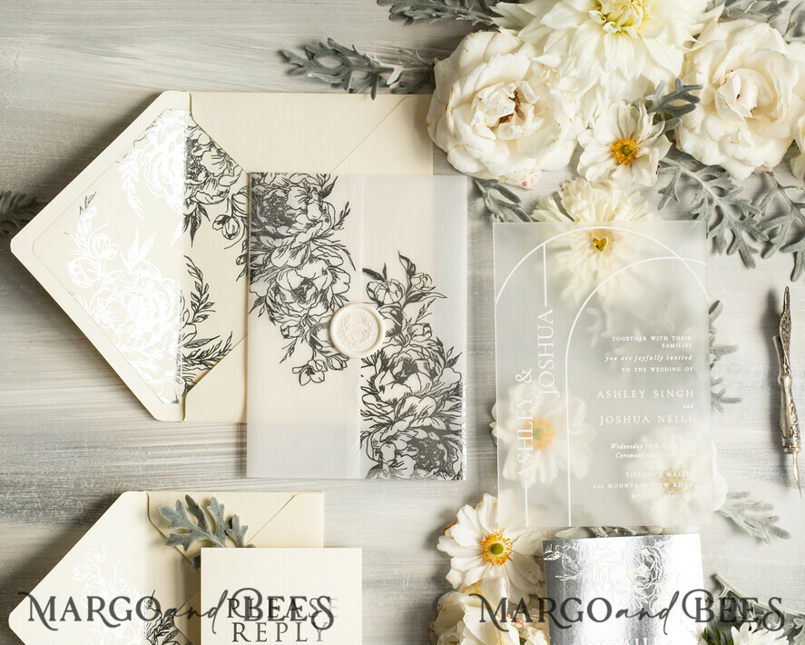 HOCHZEITS EINLADUNGEN Gold / Roségold / Silber / Glitzer Acryl Hochzeitsinvitation Set, Boho Glam Hochzeitskarten, silberne gefrorene Hochzeitseinladungen, elegante Pergament Hochzeitskarten