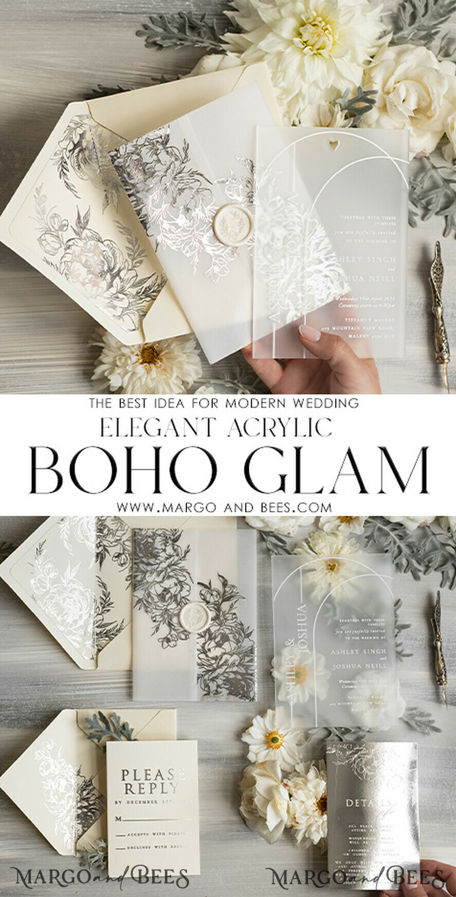 HOCHZEITS EINLADUNGEN Gold / Roségold / Silber / Glitzer Acryl Hochzeitsinvitation Set, Boho Glam Hochzeitskarten, silberne gefrorene Hochzeitseinladungen, elegante Pergament Hochzeitskarten