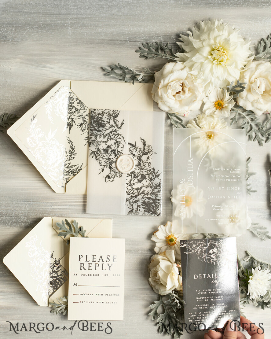 HOCHZEITS EINLADUNGEN Gold / Roségold / Silber / Glitzer Acryl Hochzeitsinvitation Set, Boho Glam Hochzeitskarten, silberne gefrorene Hochzeitseinladungen, elegante Pergament Hochzeitskarten