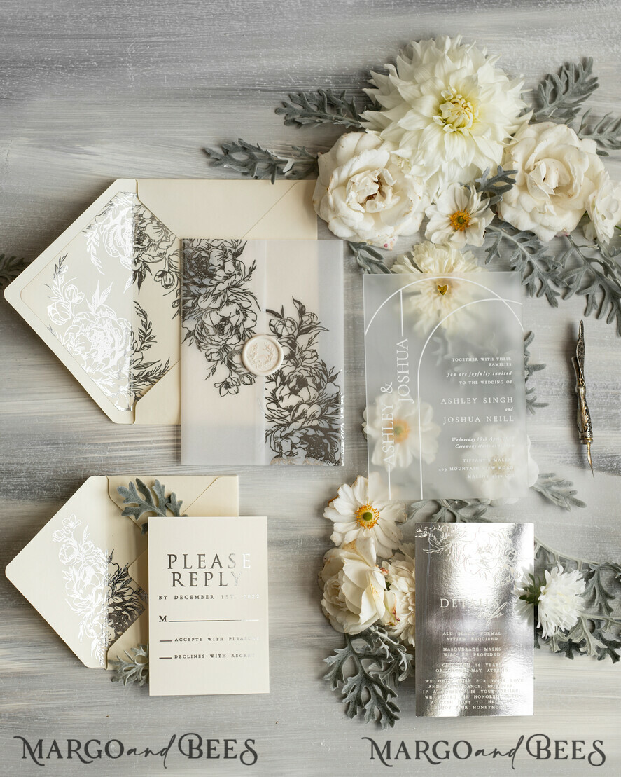 HOCHZEITS EINLADUNGEN Gold / Roségold / Silber / Glitzer Acryl Hochzeitsinvitation Set, Boho Glam Hochzeitskarten, silberne gefrorene Hochzeitseinladungen, elegante Pergament Hochzeitskarten