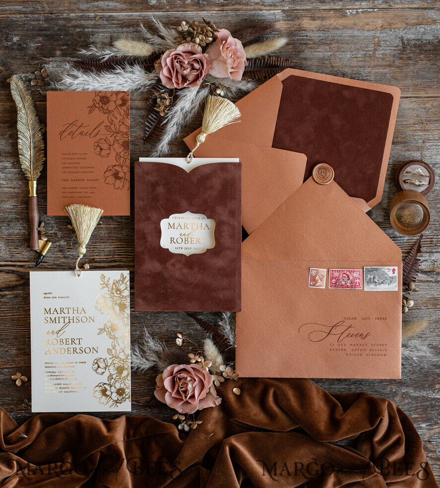 HOCHZEITS EINLADUNGEN Gold / Roségold / Silber / Glitzer Romantische terrakotta Samt Hochzeitskarten, Luxus Goldfolie Hochzeitskarten, Goldquaste Hochzeitskarten