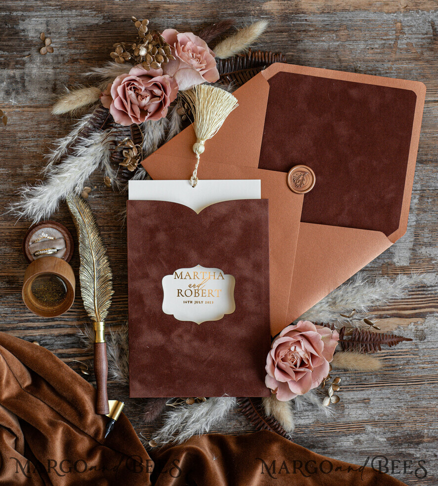 HOCHZEITS EINLADUNGEN Gold / Roségold / Silber / Glitzer Romantische terrakotta Samt Hochzeitskarten, Luxus Goldfolie Hochzeitskarten, Goldquaste Hochzeitskarten