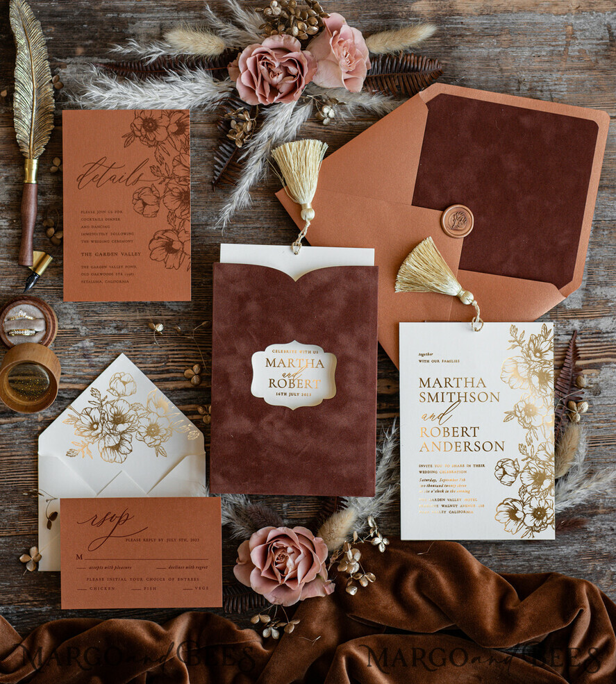 HOCHZEITS EINLADUNGEN Gold / Roségold / Silber / Glitzer Romantische terrakotta Samt Hochzeitskarten, Luxus Goldfolie Hochzeitskarten, Goldquaste Hochzeitskarten