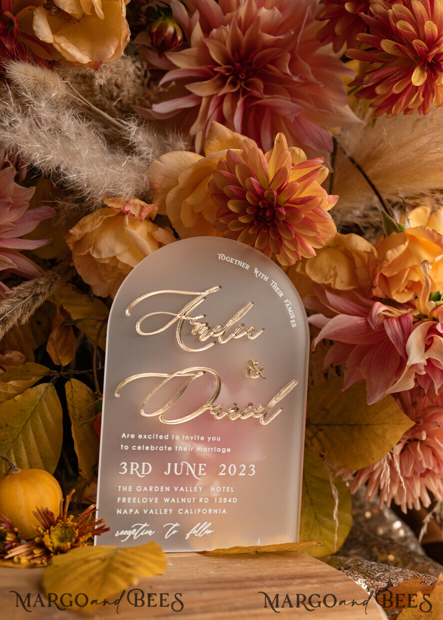HOCHZEITS EINLADUNGEN Gold / Roségold / Silber / Glitzer Herbst Terracotta Moderne Bogen 3D Hochzeits Einladung Suite, Maßgeschneiderte gefrorene Acryl Gold Hochzeits Einladung Set, Luxuriöse Samt Hochzeits Einladungen gefrostetes Plexiglas goldene Namen, Glamour Hochzeits Einladung Suite, 3D Gold Spiegel herbst kupfer Einladungen, Hochzeitskarten