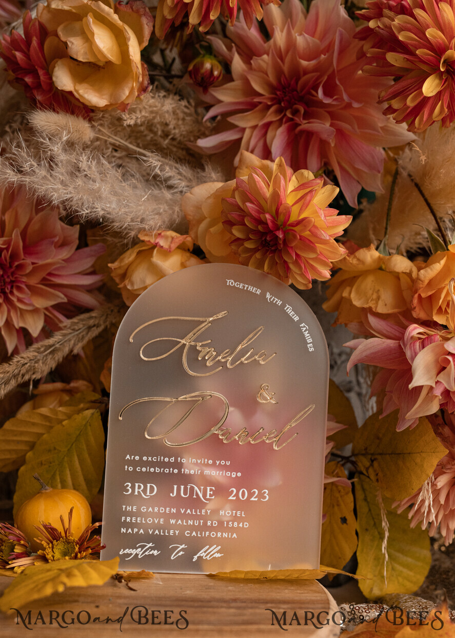 HOCHZEITS EINLADUNGEN Gold / Roségold / Silber / Glitzer Herbst Terracotta Moderne Bogen 3D Hochzeits Einladung Suite, Maßgeschneiderte gefrorene Acryl Gold Hochzeits Einladung Set, Luxuriöse Samt Hochzeits Einladungen gefrostetes Plexiglas goldene Namen, Glamour Hochzeits Einladung Suite, 3D Gold Spiegel herbst kupfer Einladungen, Hochzeitskarten