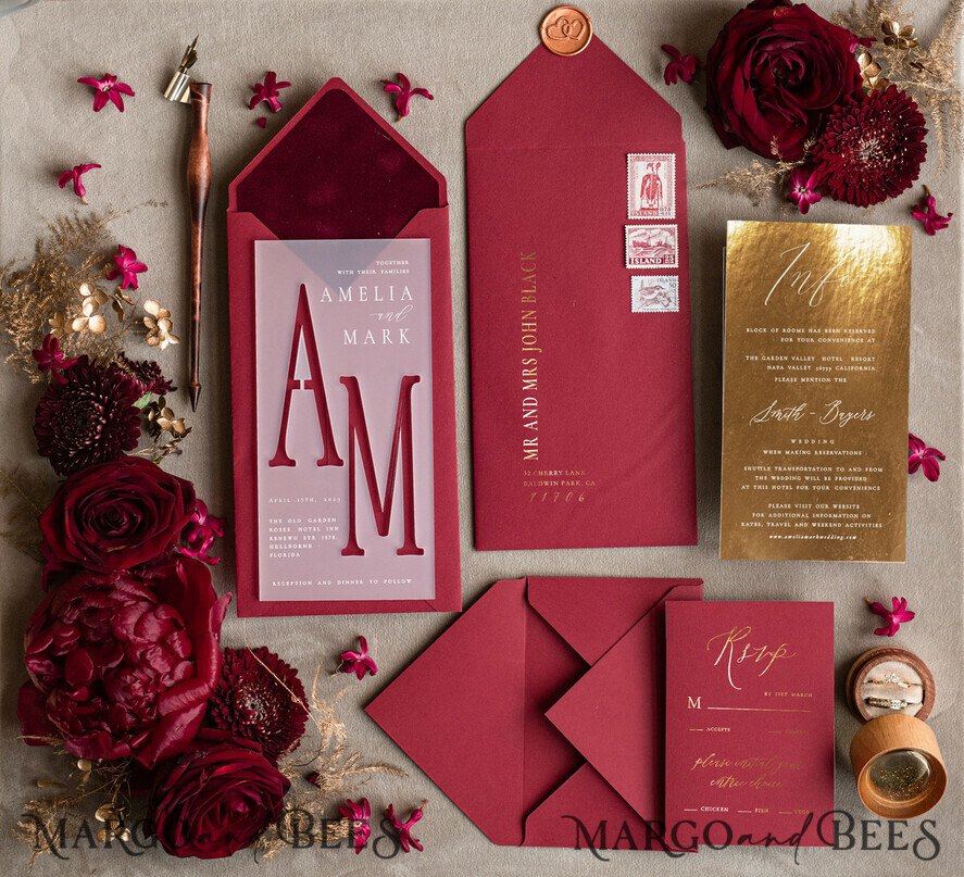 HOCHZEITS EINLADUNGEN Gold / Roségold / Silber / Glitzer Burgunder Hochzeitseinladungen, Gold Acryl Glamour Hochzeitseinladungssuite, Kastanienbraun Goldener Glanz Hochzeitspapeterie, Gefrorenes Plexi Luxus Hochzeitseinladungen.