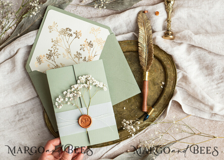HOCHZEITS EINLADUNGEN Gold / Roségold / Silber / Glitzer Elegantes Einladungset zur goldenen Hochzeit, Einladungskarte zur Hochzeit mit natürlichen Schleierkrautblumen, Minimalistisches goldenes Hochzeitsset, Grünes Einladungset mit Tasche