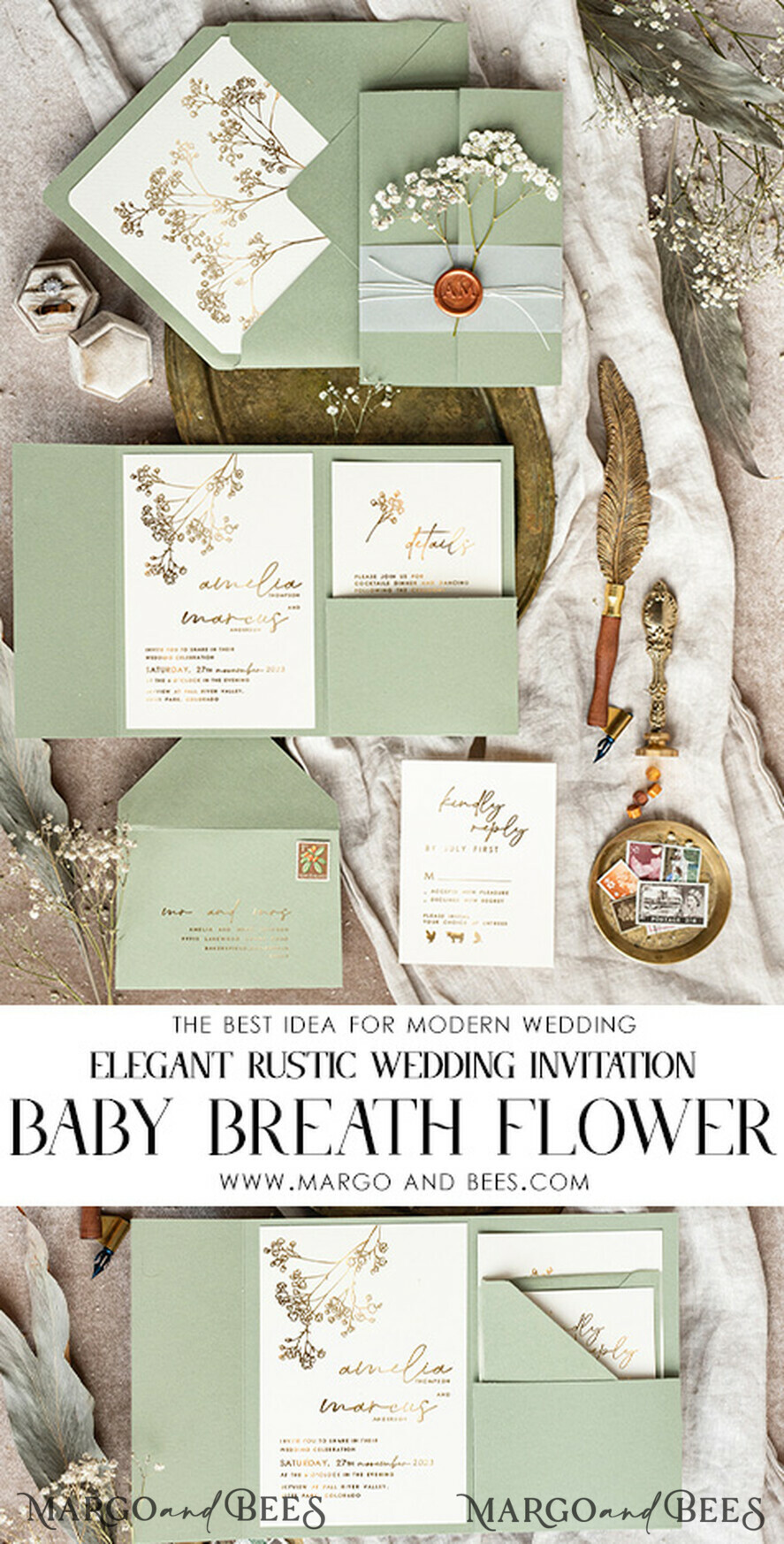 HOCHZEITS EINLADUNGEN Gold / Roségold / Silber / Glitzer Elegantes Einladungset zur goldenen Hochzeit, Einladungskarte zur Hochzeit mit natürlichen Schleierkrautblumen, Minimalistisches goldenes Hochzeitsset, Grünes Einladungset mit Tasche