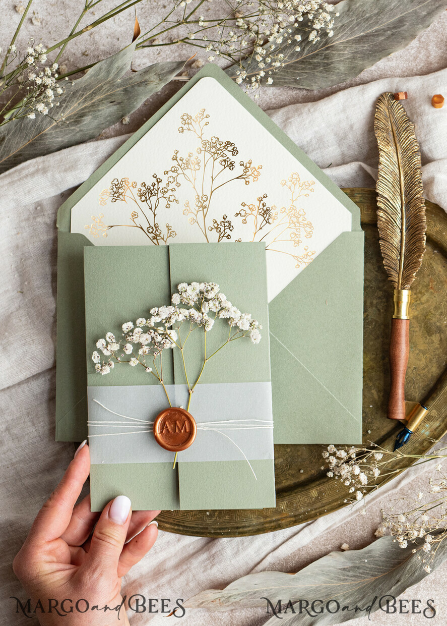 HOCHZEITS EINLADUNGEN Gold / Roségold / Silber / Glitzer Elegantes Einladungset zur goldenen Hochzeit, Einladungskarte zur Hochzeit mit natürlichen Schleierkrautblumen, Minimalistisches goldenes Hochzeitsset, Grünes Einladungset mit Tasche