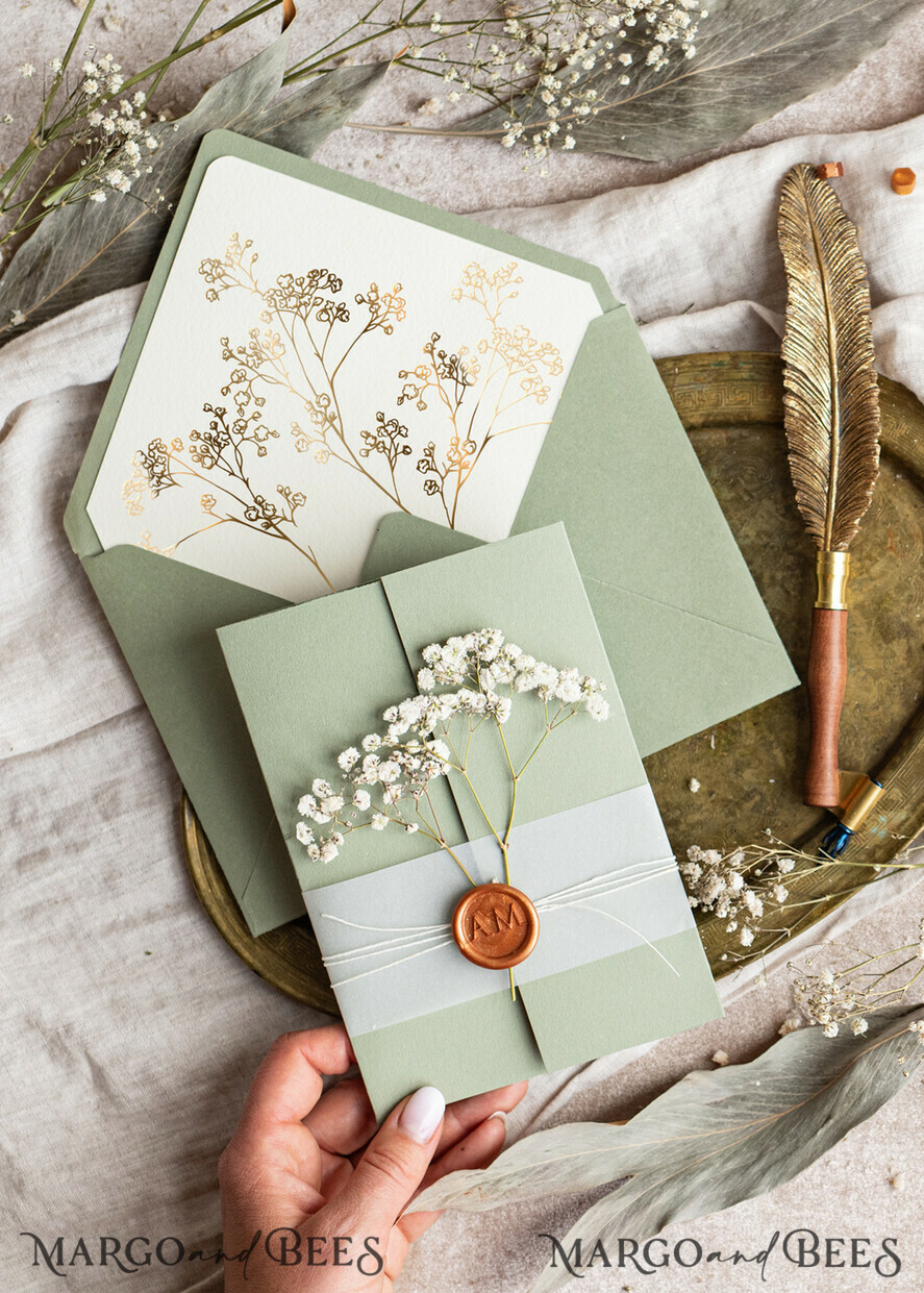 HOCHZEITS EINLADUNGEN Gold / Roségold / Silber / Glitzer Elegantes Einladungset zur goldenen Hochzeit, Einladungskarte zur Hochzeit mit natürlichen Schleierkrautblumen, Minimalistisches goldenes Hochzeitsset, Grünes Einladungset mit Tasche