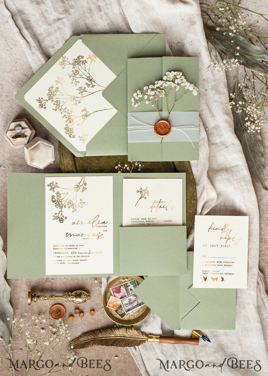 HOCHZEITS EINLADUNGEN Gold / Roségold / Silber / Glitzer Elegantes Einladungset zur goldenen Hochzeit, Einladungskarte zur Hochzeit mit natürlichen Schleierkrautblumen, Minimalistisches goldenes Hochzeitsset, Grünes Einladungset mit Tasche