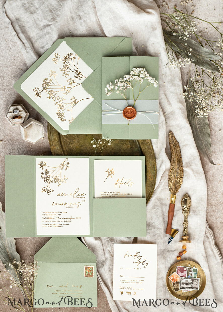 HOCHZEITS EINLADUNGEN Gold / Roségold / Silber / Glitzer Elegantes Einladungset zur goldenen Hochzeit, Einladungskarte zur Hochzeit mit natürlichen Schleierkrautblumen, Minimalistisches goldenes Hochzeitsset, Grünes Einladungset mit Tasche