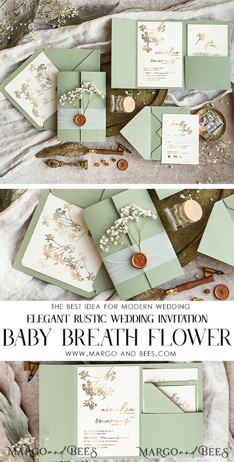 HOCHZEITS EINLADUNGEN Gold / Roségold / Silber / Glitzer Elegantes Einladungset zur goldenen Hochzeit, Einladungskarte zur Hochzeit mit natürlichen Schleierkrautblumen, Minimalistisches goldenes Hochzeitsset, Grünes Einladungset mit Tasche