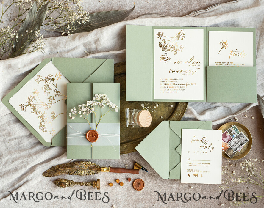 HOCHZEITS EINLADUNGEN Gold / Roségold / Silber / Glitzer Elegantes Einladungset zur goldenen Hochzeit, Einladungskarte zur Hochzeit mit natürlichen Schleierkrautblumen, Minimalistisches goldenes Hochzeitsset, Grünes Einladungset mit Tasche