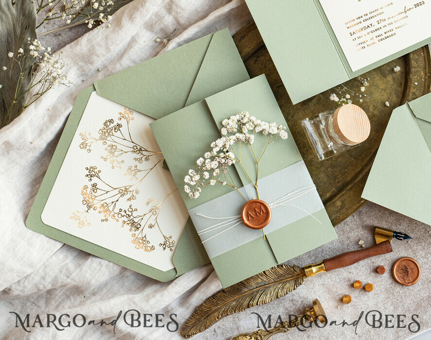 HOCHZEITS EINLADUNGEN Gold / Roségold / Silber / Glitzer Elegantes Einladungset zur goldenen Hochzeit, Einladungskarte zur Hochzeit mit natürlichen Schleierkrautblumen, Minimalistisches goldenes Hochzeitsset, Grünes Einladungset mit Tasche