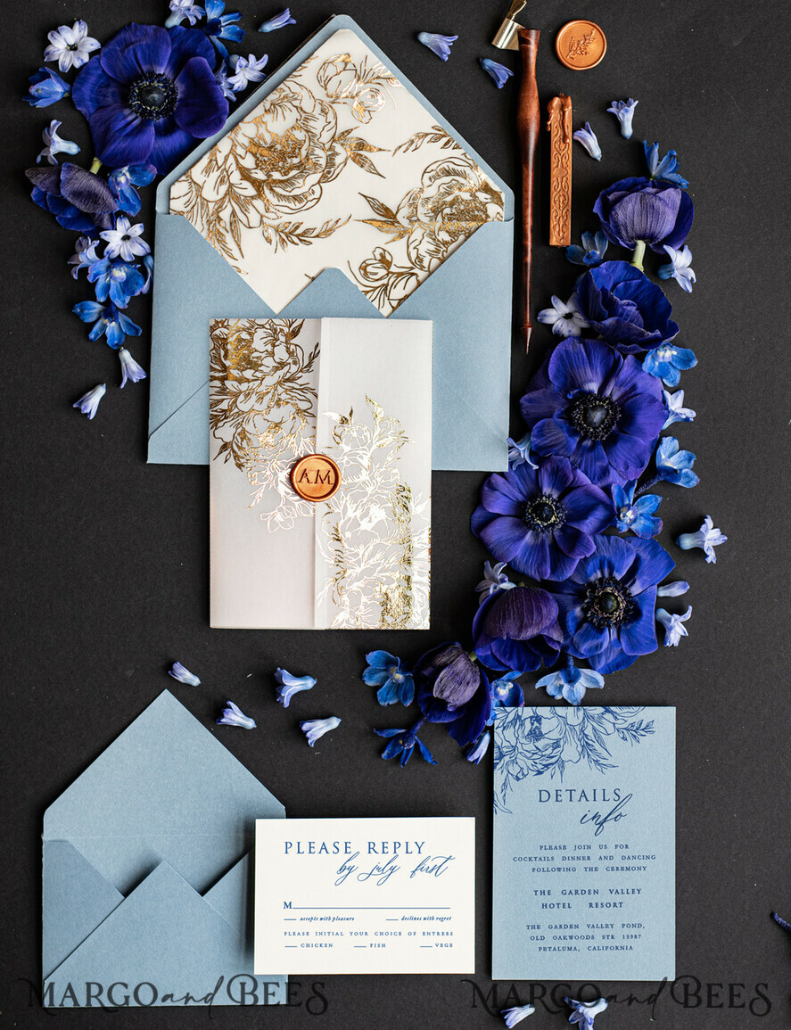 HOCHZEITS EINLADUNGEN Gold / Roségold / Silber / Glitzer Acryl-Hochzeitseinladungen, Glamour Eiskalte Blaue und Gold Hochzeitseinladungen, Goldene Wachssiegel Hochzeitseinladung Suite, Luxuriöse Hochzeitskarten Hellblau