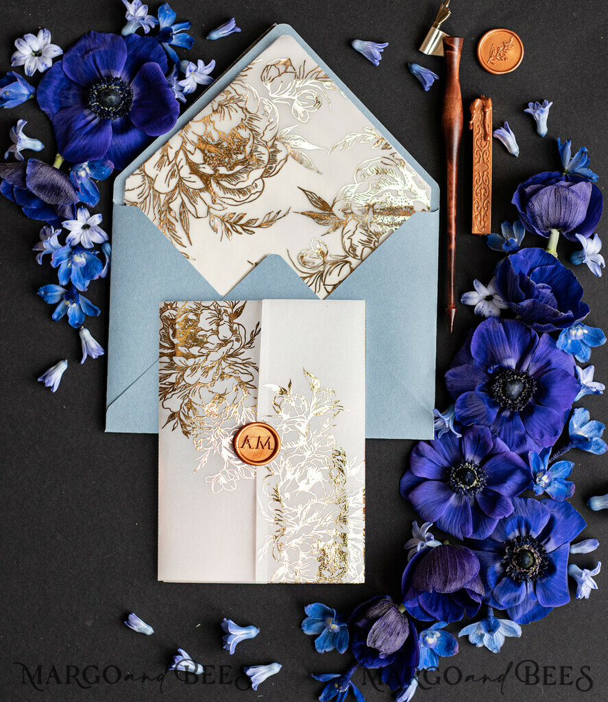 HOCHZEITS EINLADUNGEN Gold / Roségold / Silber / Glitzer Acryl-Hochzeitseinladungen, Glamour Eiskalte Blaue und Gold Hochzeitseinladungen, Goldene Wachssiegel Hochzeitseinladung Suite, Luxuriöse Hochzeitskarten Hellblau