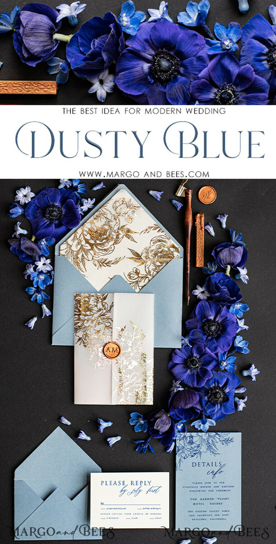 HOCHZEITS EINLADUNGEN Gold / Roségold / Silber / Glitzer Acryl-Hochzeitseinladungen, Glamour Eiskalte Blaue und Gold Hochzeitseinladungen, Goldene Wachssiegel Hochzeitseinladung Suite, Luxuriöse Hochzeitskarten Hellblau