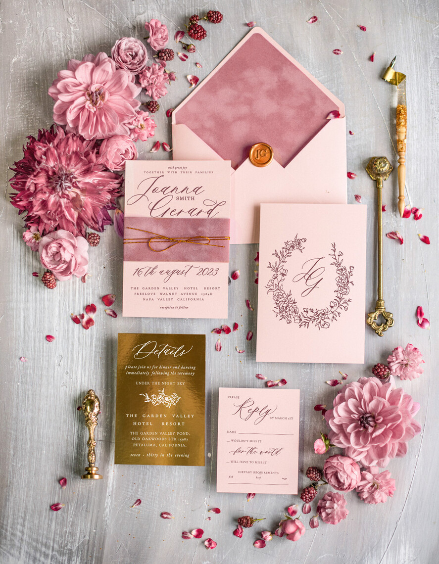 HOCHZEITS EINLADUNGEN Gold / Roségold / Silber / Glitzer Maßgeschneiderte Samt-Hochzeitseinladungset, Blush Pink Glamour Hochzeitskarten, Luxus Goldene Hochzeitseinladungen, Romantische Hochzeitspapeterie