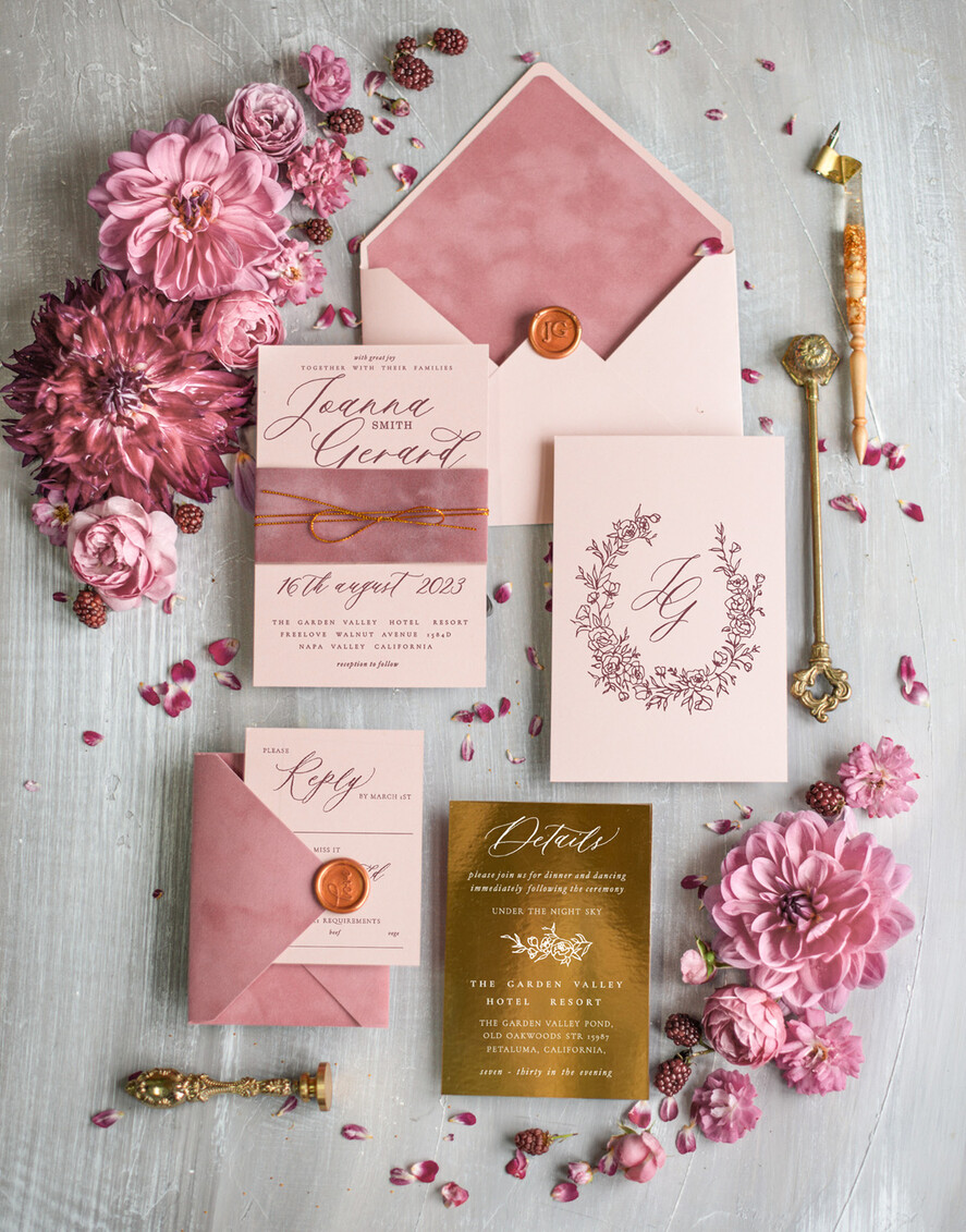HOCHZEITS EINLADUNGEN Gold / Roségold / Silber / Glitzer Maßgeschneiderte Samt-Hochzeitseinladungset, Blush Pink Glamour Hochzeitskarten, Luxus Goldene Hochzeitseinladungen, Romantische Hochzeitspapeterie