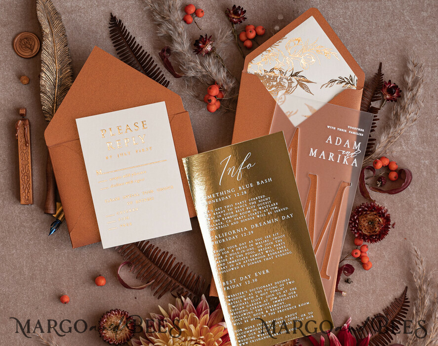 HOCHZEITS EINLADUNGEN Gold / Roségold / Silber / Glitzer Herbst-Acryl gefrorenes Hochzeitseinladungset, Terrakotta Gold Boho Glam Hochzeitseinladungen, Golden Shine Hochzeitseinladungen, elegante goldene Hochzeitskarten.