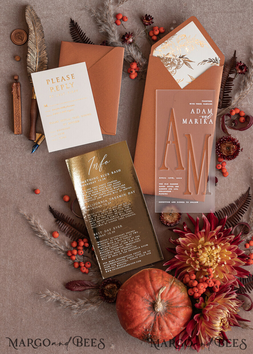 HOCHZEITS EINLADUNGEN Gold / Roségold / Silber / Glitzer Herbst-Acryl gefrorenes Hochzeitseinladungset, Terrakotta Gold Boho Glam Hochzeitseinladungen, Golden Shine Hochzeitseinladungen, elegante goldene Hochzeitskarten.