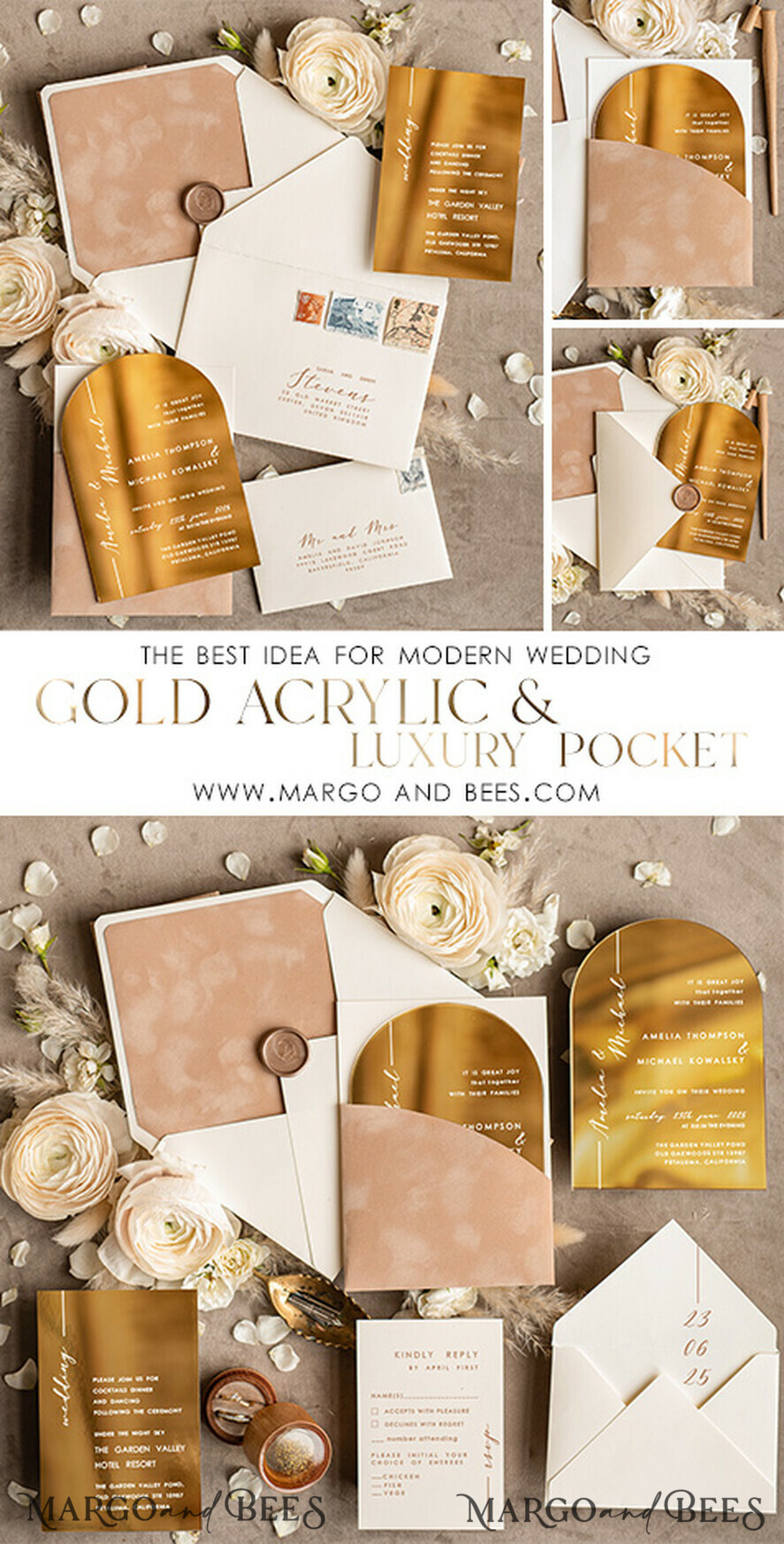 HOCHZEITS EINLADUNGEN Gold / Roségold / Silber / Glitzer Luxuriöse Arch Gold Acryl Hochzeitsinvitation Suite, Velvet Pocket beige Hochzeitskarten, Glamour Hochzeitskarten