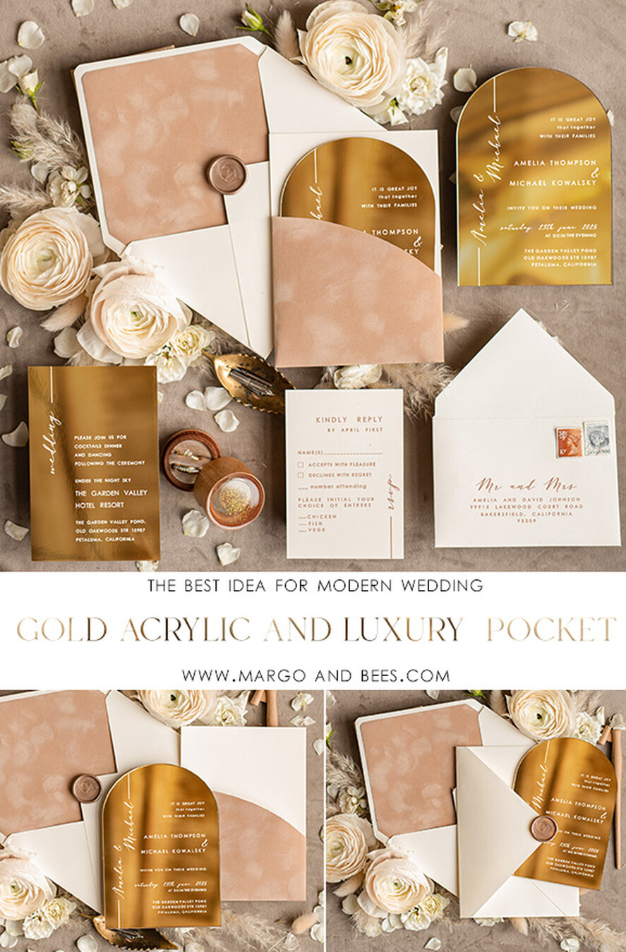 HOCHZEITS EINLADUNGEN Gold / Roségold / Silber / Glitzer Luxuriöse Arch Gold Acryl Hochzeitsinvitation Suite, Velvet Pocket beige Hochzeitskarten, Glamour Hochzeitskarten