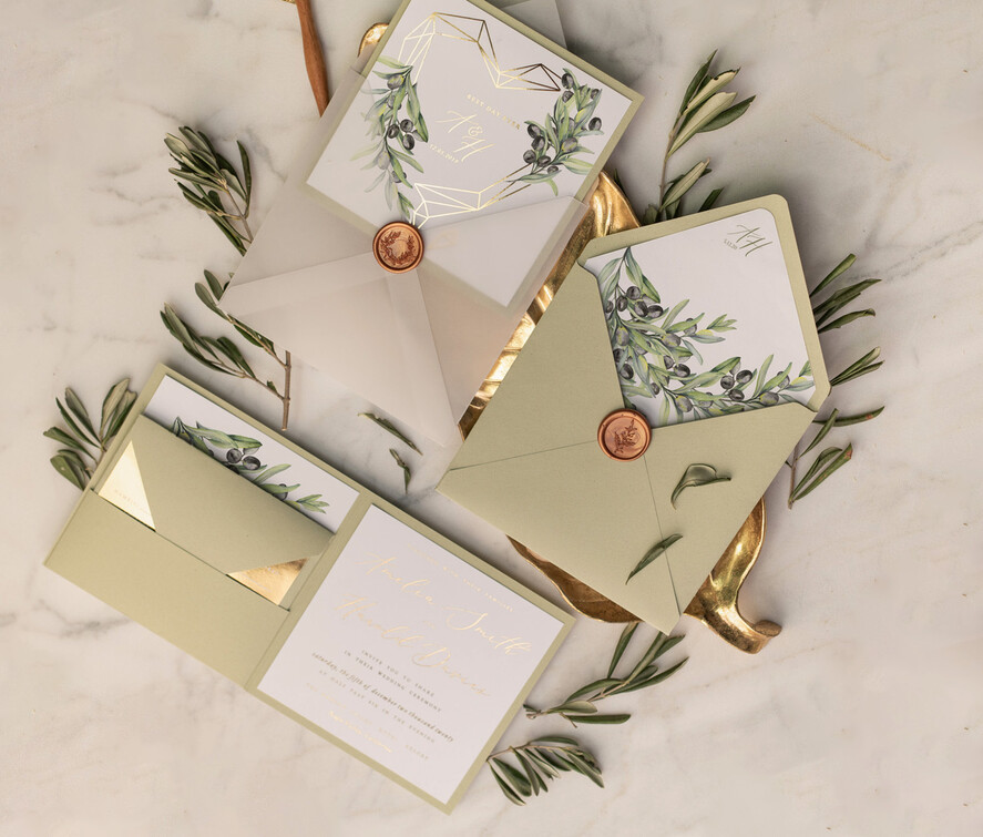 HOCHZEITS EINLADUNGEN Gold / Roségold / Silber / Glitzer Elegante Olivenhochzeitskarten, luxuriöse salbeigrüne Hochzeitseinladungen, glamouröse goldene Pocketfold-Hochzeitskarten, maßgeschneiderte Toskana-Hochzeitsinvitation-Suite.