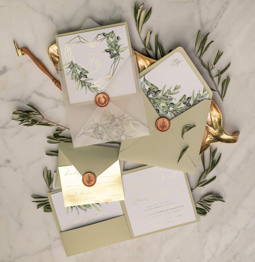 HOCHZEITS EINLADUNGEN Gold / Roségold / Silber / Glitzer Elegante Olivenhochzeitskarten, luxuriöse salbeigrüne Hochzeitseinladungen, glamouröse goldene Pocketfold-Hochzeitskarten, maßgeschneiderte Toskana-Hochzeitsinvitation-Suite.
