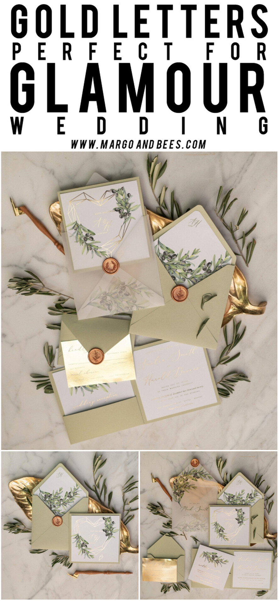 HOCHZEITS EINLADUNGEN Gold / Roségold / Silber / Glitzer Elegante Olivenhochzeitskarten, luxuriöse salbeigrüne Hochzeitseinladungen, glamouröse goldene Pocketfold-Hochzeitskarten, maßgeschneiderte Toskana-Hochzeitsinvitation-Suite.
