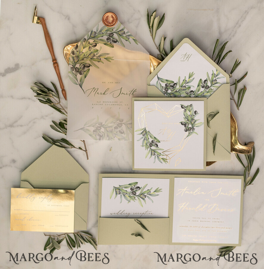 HOCHZEITS EINLADUNGEN Gold / Roségold / Silber / Glitzer Elegante Olivenhochzeitskarten, luxuriöse salbeigrüne Hochzeitseinladungen, glamouröse goldene Pocketfold-Hochzeitskarten, maßgeschneiderte Toskana-Hochzeitsinvitation-Suite.