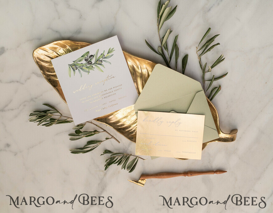 HOCHZEITS EINLADUNGEN Gold / Roségold / Silber / Glitzer Elegante Olivenhochzeitskarten, luxuriöse salbeigrüne Hochzeitseinladungen, glamouröse goldene Pocketfold-Hochzeitskarten, maßgeschneiderte Toskana-Hochzeitsinvitation-Suite.