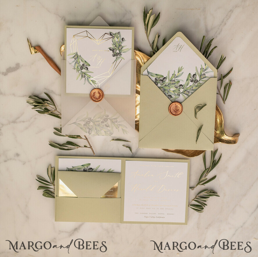 HOCHZEITS EINLADUNGEN Gold / Roségold / Silber / Glitzer Elegante Olivenhochzeitskarten, luxuriöse salbeigrüne Hochzeitseinladungen, glamouröse goldene Pocketfold-Hochzeitskarten, maßgeschneiderte Toskana-Hochzeitsinvitation-Suite.
