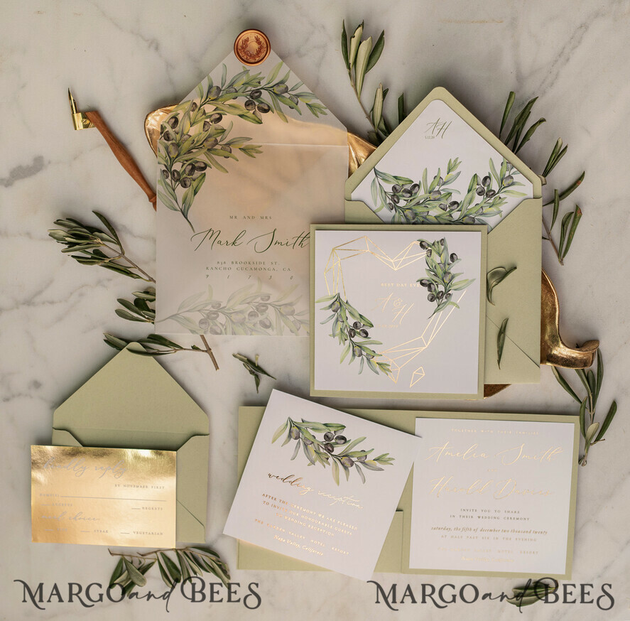 HOCHZEITS EINLADUNGEN Gold / Roségold / Silber / Glitzer Elegante Olivenhochzeitskarten, luxuriöse salbeigrüne Hochzeitseinladungen, glamouröse goldene Pocketfold-Hochzeitskarten, maßgeschneiderte Toskana-Hochzeitsinvitation-Suite.