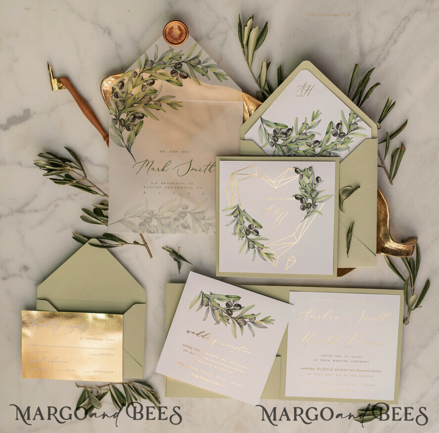HOCHZEITS EINLADUNGEN Gold / Roségold / Silber / Glitzer Elegante Olivenhochzeitskarten, luxuriöse salbeigrüne Hochzeitseinladungen, glamouröse goldene Pocketfold-Hochzeitskarten, maßgeschneiderte Toskana-Hochzeitsinvitation-Suite.