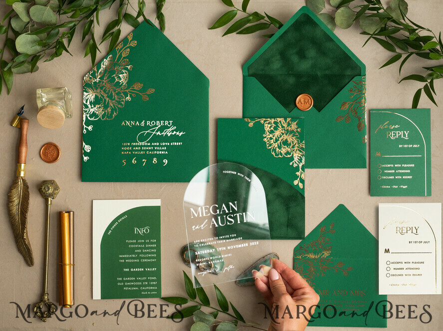 HOCHZEITS EINLADUNGEN Gold / Roségold / Silber / Glitzer Arch Gold Acryl Hochzeits Einladung Suite, Samtumschlag Grüne Hochzeitskarten, Glamour Hochzeits Einladungen, Grünpflanzen Hochzeits Set