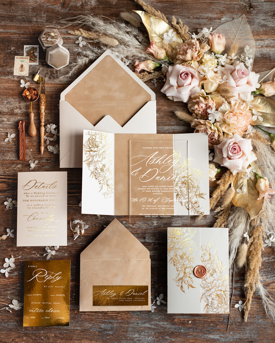 HOCHZEITS EINLADUNGEN Gold / Roségold / Silber / Glitzer Luxus Goldfolien-Hochzeitseinladungen, Plexi Glamour Hochzeitseinladungset, romantische Samthochzeitseinladungen, maßgeschneiderte goldene Hochzeitspapeterie