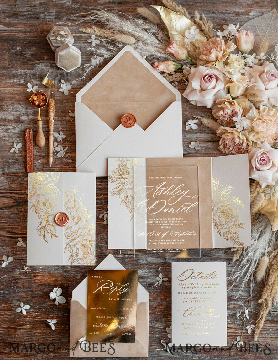 HOCHZEITS EINLADUNGEN Gold / Roségold / Silber / Glitzer Luxus Goldfolien-Hochzeitseinladungen, Plexi Glamour Hochzeitseinladungset, romantische Samthochzeitseinladungen, maßgeschneiderte goldene Hochzeitspapeterie